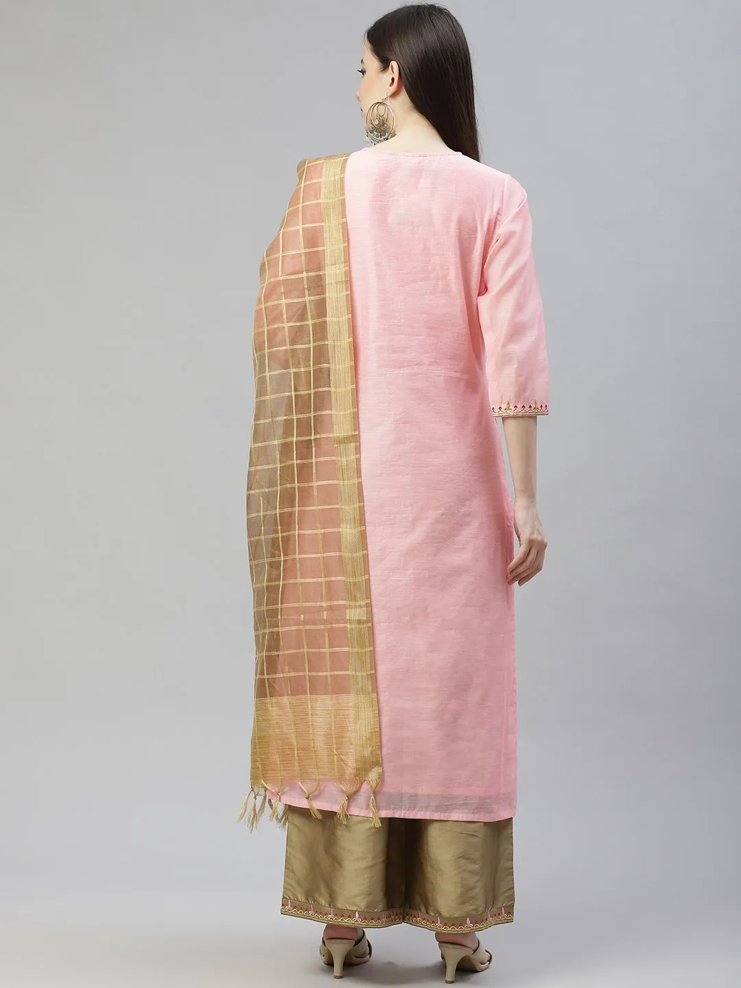 Women Pink Ethnic Motifs Embroidered Regular Kurta With Palazzos & With Dupatta