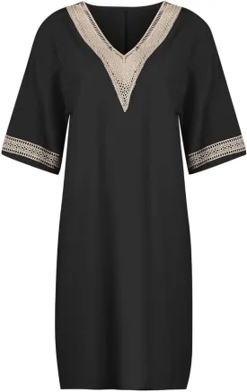 Women Short Sleeve Linen Cotton Shift Dress Ladies Lace V Neck Shirt Midi Knee Length Dress Summer