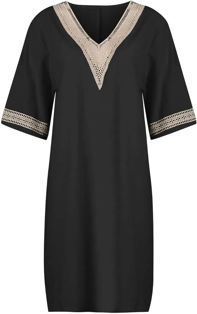 Women Short Sleeve Linen Cotton Shift Dress Ladies Lace V Neck Shirt Midi Knee Length Dress Summer