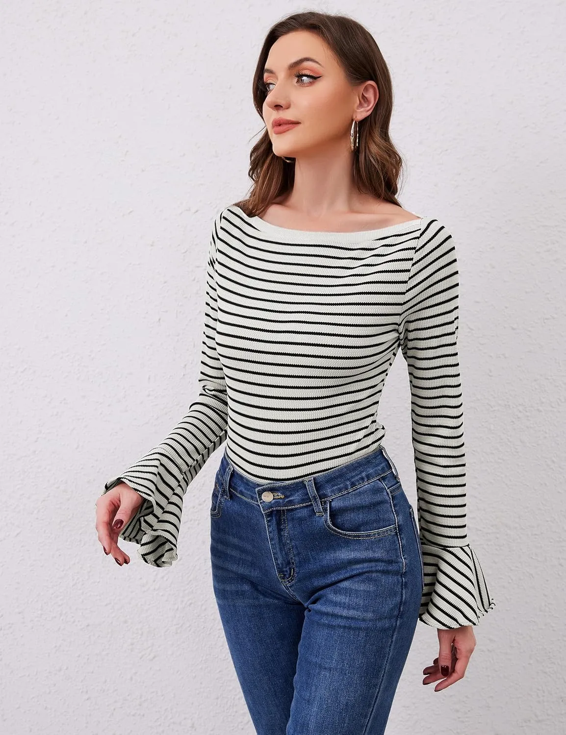 Women Striped Off Shoulder Shirts Y2k Sexy Bell Long Sleeve T-Shirt Slim Fit Ruffle Tirm Knitted Tee Tops