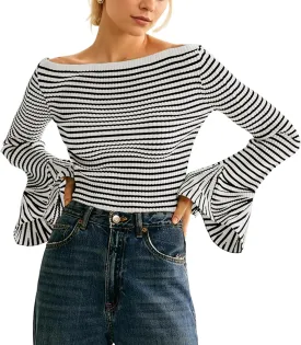 Women Striped Off Shoulder Shirts Y2k Sexy Bell Long Sleeve T-Shirt Slim Fit Ruffle Tirm Knitted Tee Tops