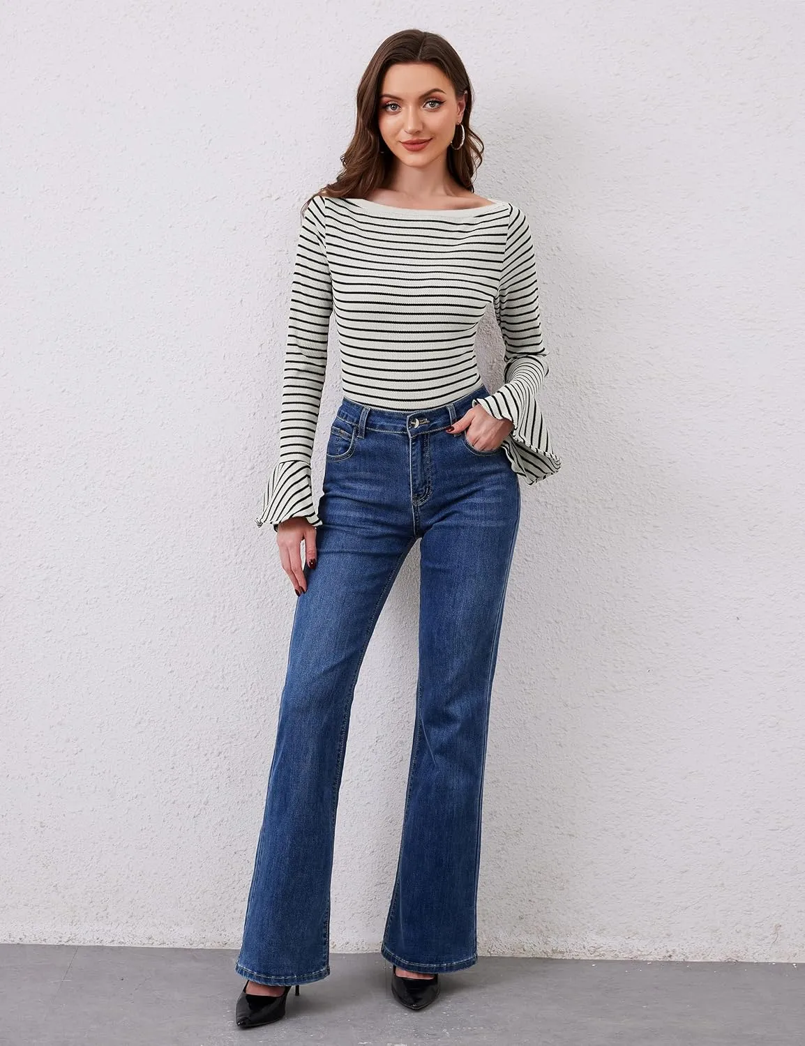 Women Striped Off Shoulder Shirts Y2k Sexy Bell Long Sleeve T-Shirt Slim Fit Ruffle Tirm Knitted Tee Tops