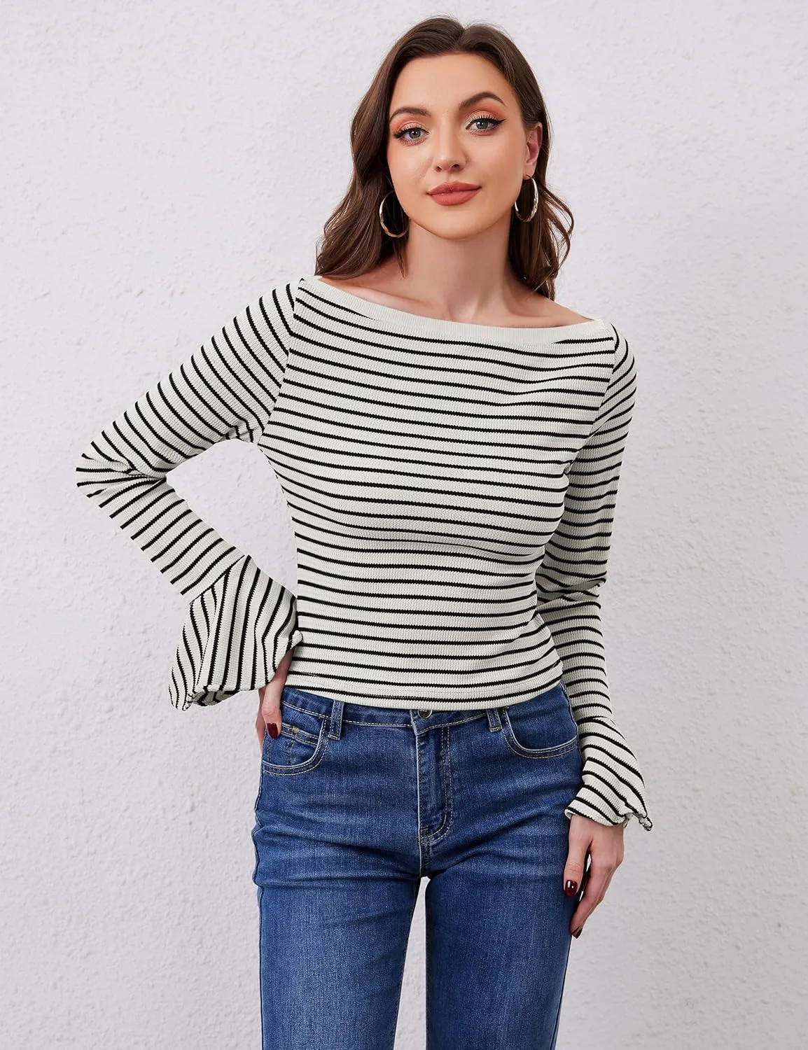 Women Striped Off Shoulder Shirts Y2k Sexy Bell Long Sleeve T-Shirt Slim Fit Ruffle Tirm Knitted Tee Tops