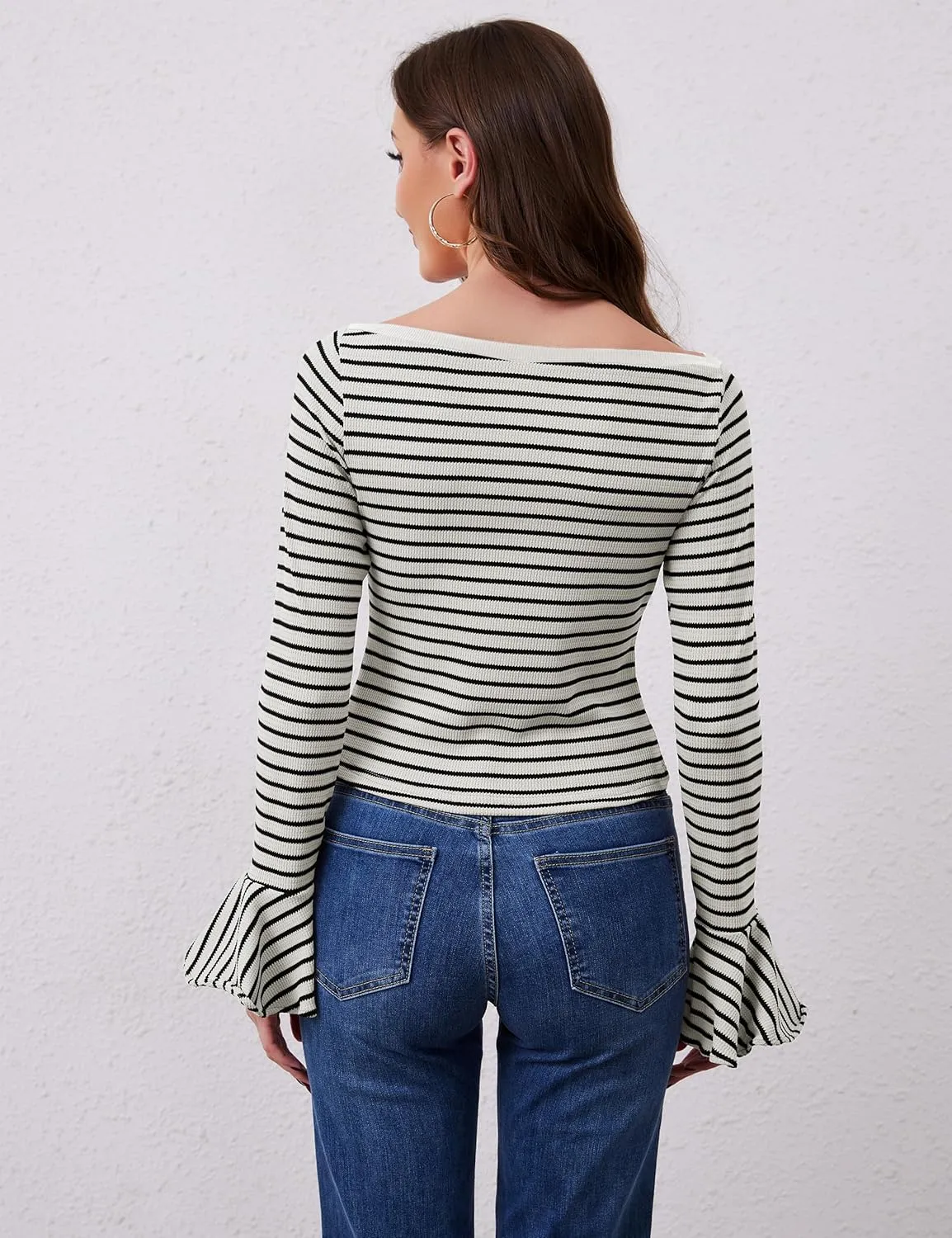 Women Striped Off Shoulder Shirts Y2k Sexy Bell Long Sleeve T-Shirt Slim Fit Ruffle Tirm Knitted Tee Tops