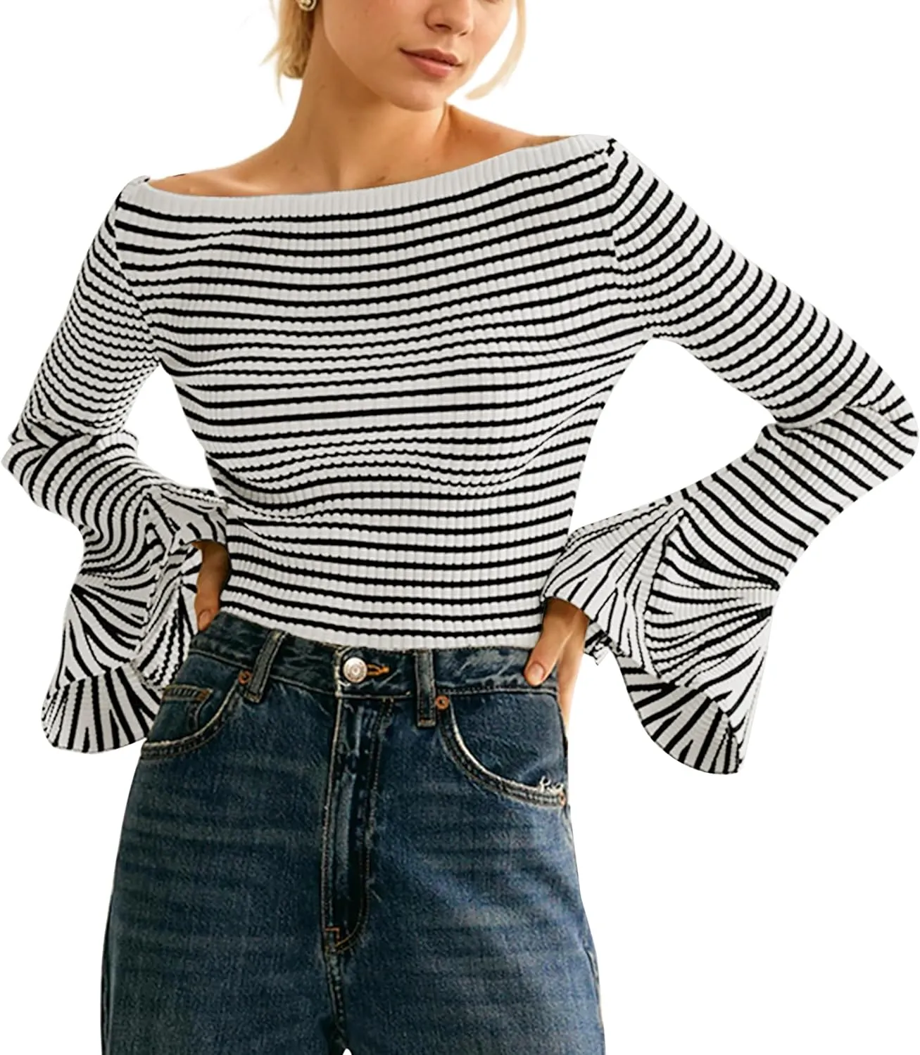 Women Striped Off Shoulder Shirts Y2k Sexy Bell Long Sleeve T-Shirt Slim Fit Ruffle Tirm Knitted Tee Tops