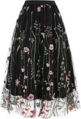 Women Vintage Floral Embroidered Tulle Midi Skirt 50s Party Elastic High Waist A-line Swing Skirts