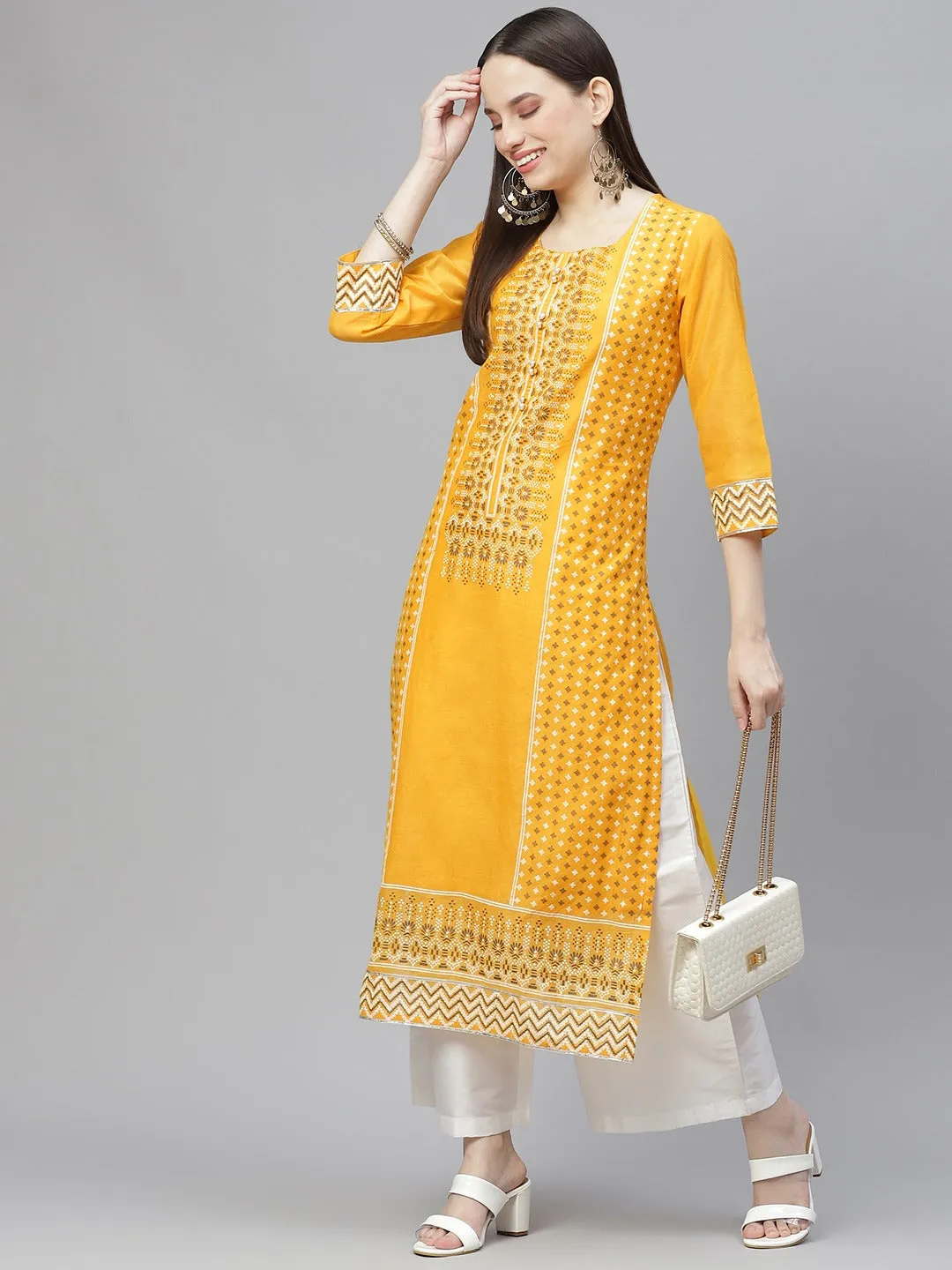 Women Yellow & White Ethnic Motifs Printed Kurta With Palazzos