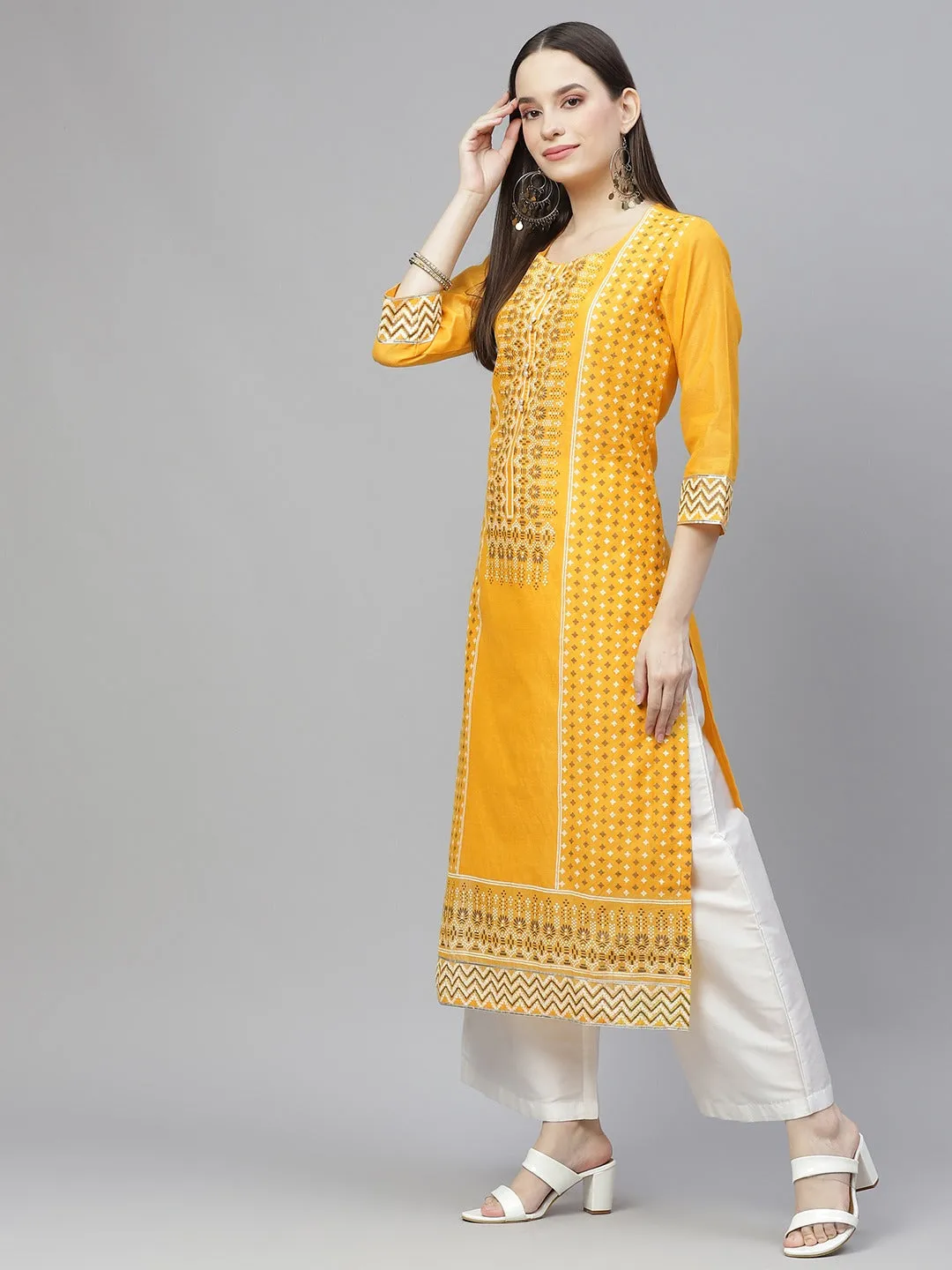 Women Yellow & White Ethnic Motifs Printed Kurta With Palazzos