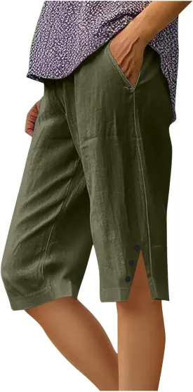 Womens Capri Pants 2025 Knee Length Cotton Linen Capris Summer Straight Leg Loose Beach Bermuda Shorts with Pockets
