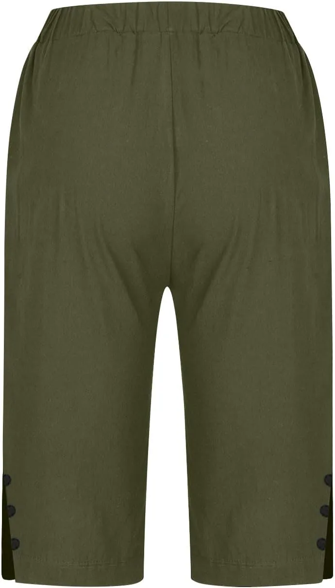 Womens Capri Pants 2025 Knee Length Cotton Linen Capris Summer Straight Leg Loose Beach Bermuda Shorts with Pockets