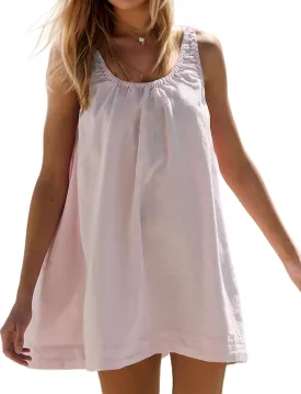 Womens Cotton Linen Mini Dress Casual Ruched Scoop Neck Sleeveless Short Dress Beach Tank Dress Sundress with Pocket