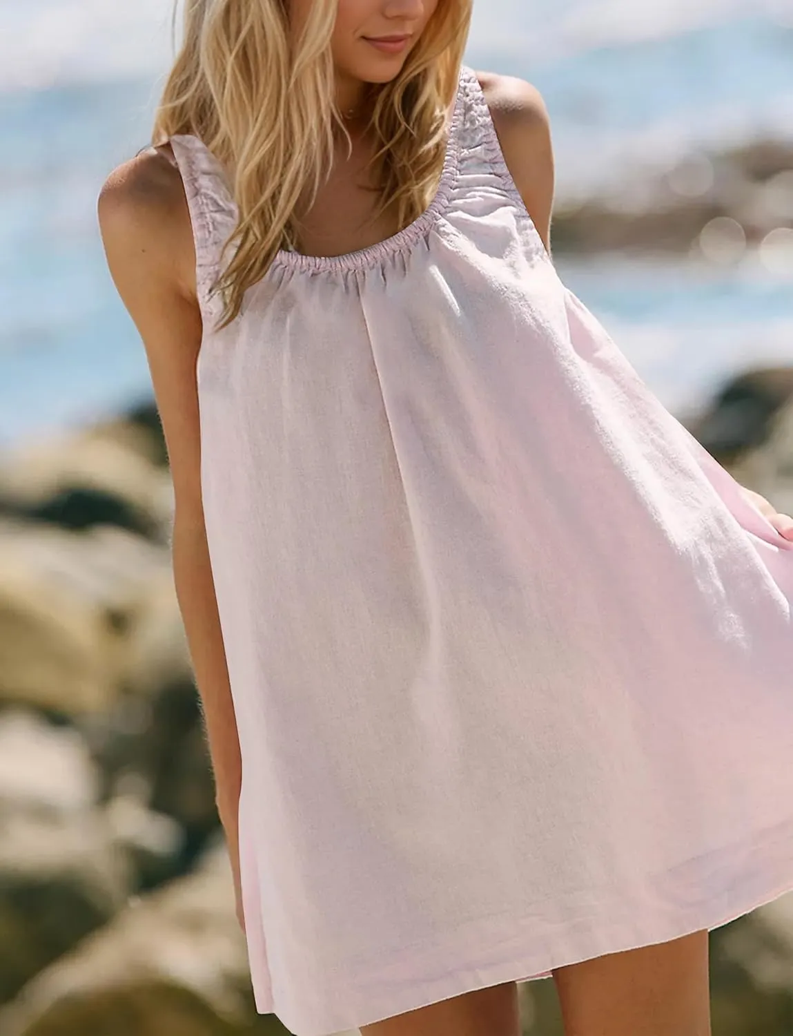 Womens Cotton Linen Mini Dress Casual Ruched Scoop Neck Sleeveless Short Dress Beach Tank Dress Sundress with Pocket