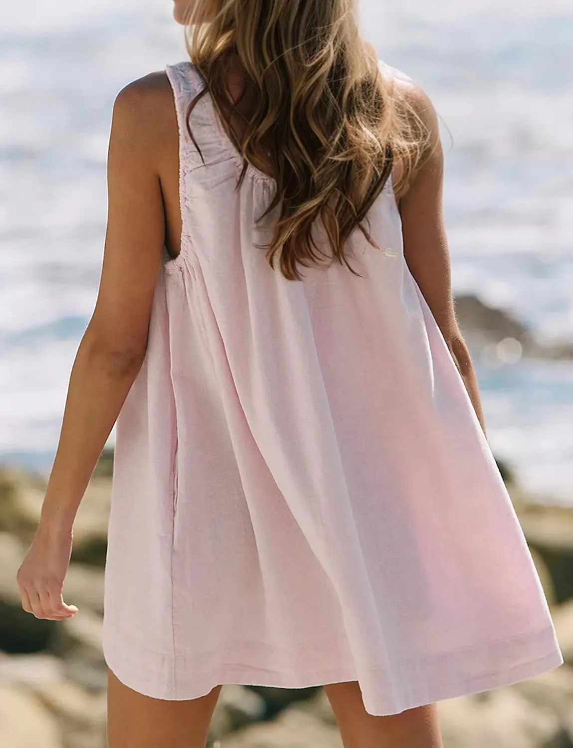 Womens Cotton Linen Mini Dress Casual Ruched Scoop Neck Sleeveless Short Dress Beach Tank Dress Sundress with Pocket