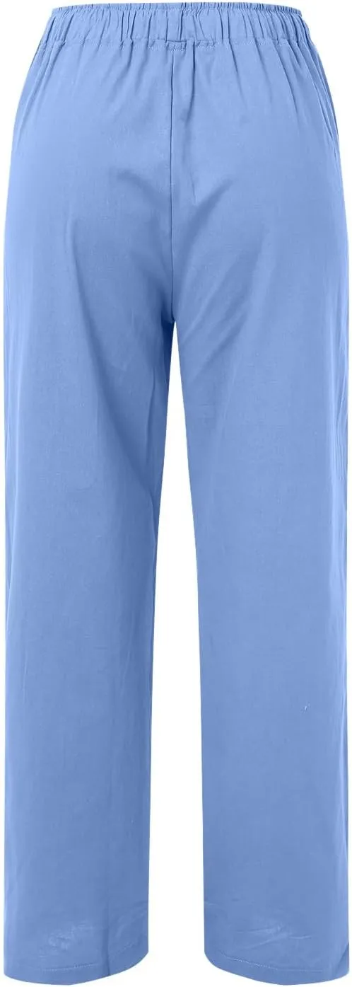 Women's Cotton Linen Palazzo Pants Summer Flowy Casual Wide Leg Drawstring Pants High Waist Loose Comfy Beach 2025 Trousers