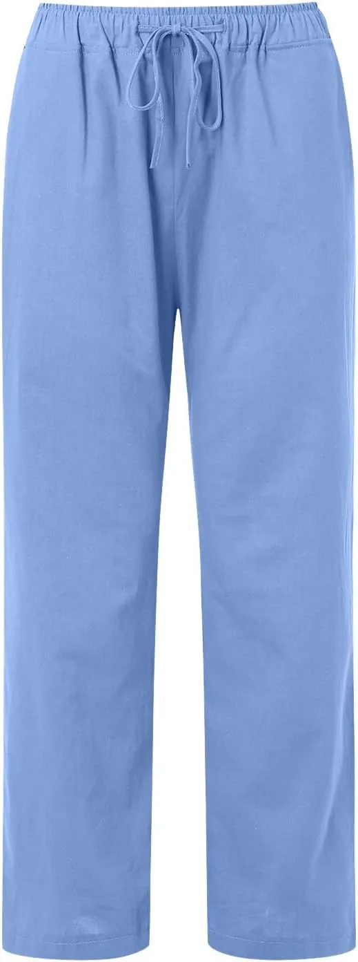 Women's Cotton Linen Palazzo Pants Summer Flowy Casual Wide Leg Drawstring Pants High Waist Loose Comfy Beach 2025 Trousers