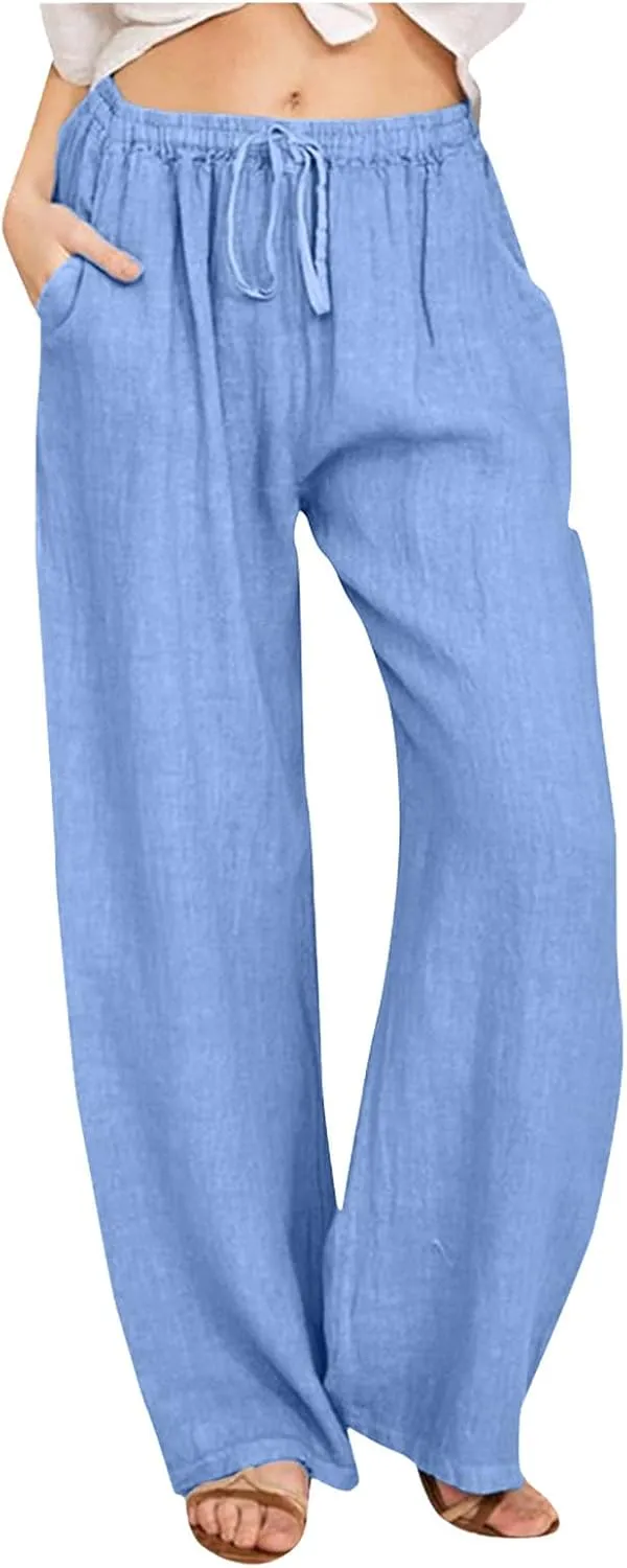 Women's Cotton Linen Palazzo Pants Summer Flowy Casual Wide Leg Drawstring Pants High Waist Loose Comfy Beach 2025 Trousers