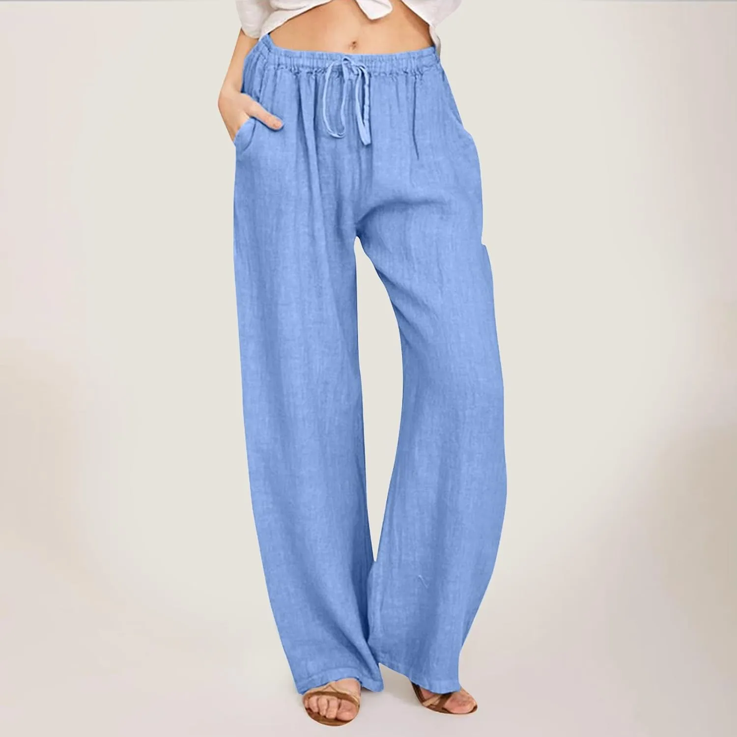 Women's Cotton Linen Palazzo Pants Summer Flowy Casual Wide Leg Drawstring Pants High Waist Loose Comfy Beach 2025 Trousers