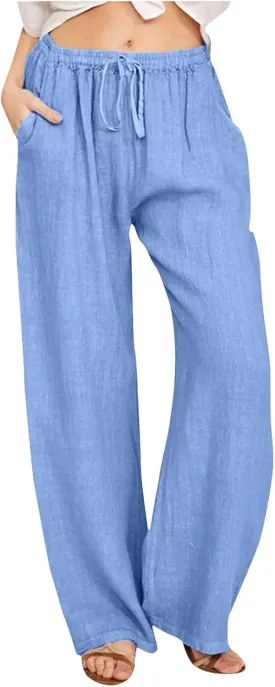 Women's Cotton Linen Palazzo Pants Summer Flowy Casual Wide Leg Drawstring Pants High Waist Loose Comfy Beach 2025 Trousers