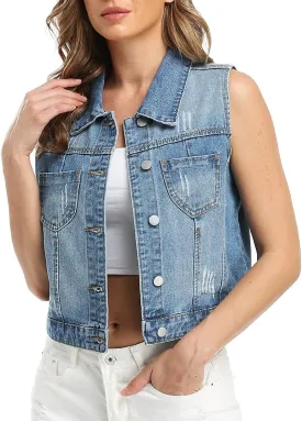 Womens Denim Jean Vest Classic Cropped Distressed Spread Collar Sleeveless Jean Jacket