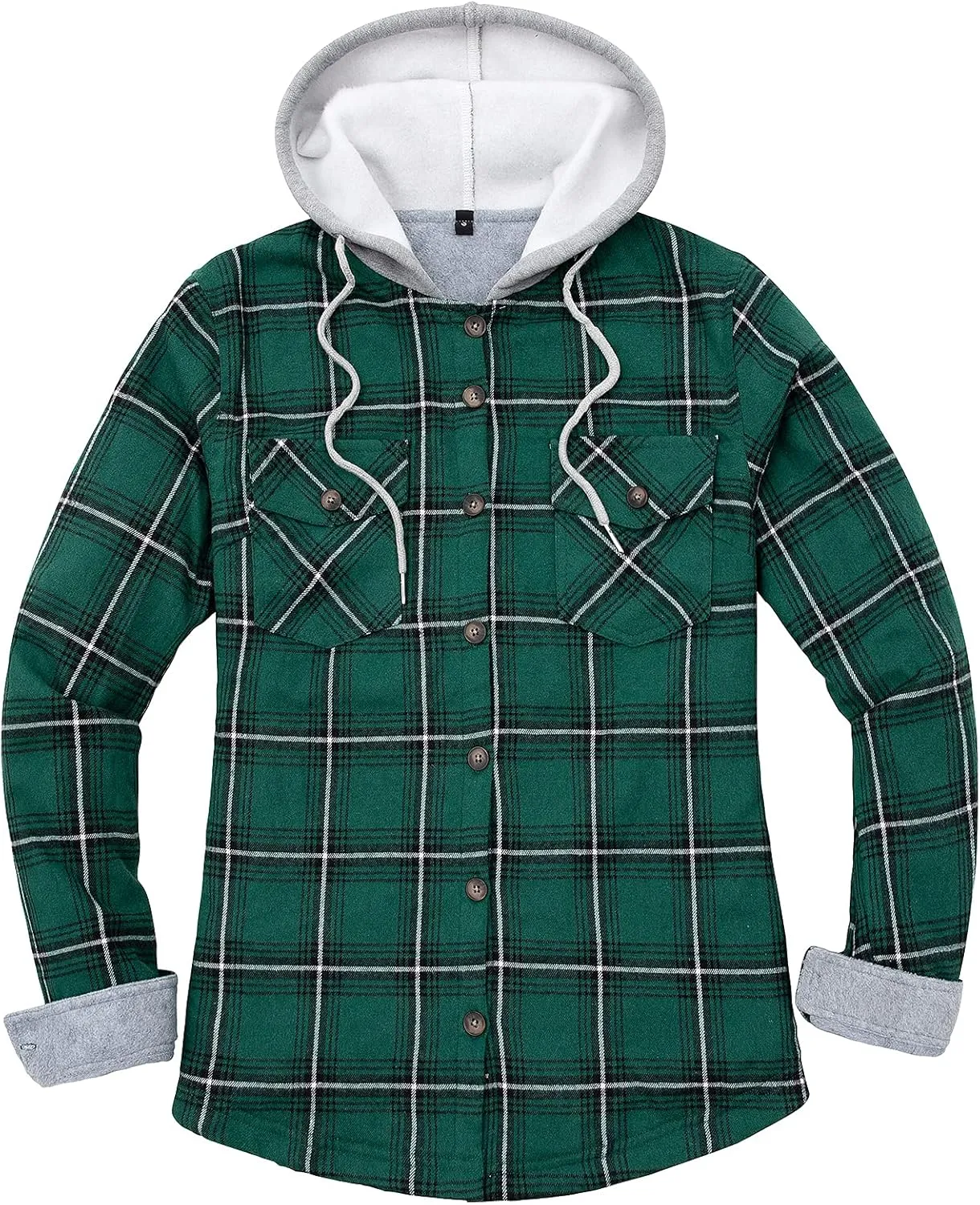 Womens Fleece Hooded Flannel Shirts Plaid Button Down Flannel Shirt Hoodie Jacket with Pockets
