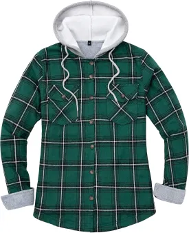 Womens Fleece Hooded Flannel Shirts Plaid Button Down Flannel Shirt Hoodie Jacket with Pockets