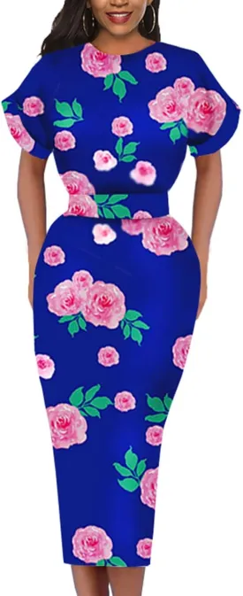 Womens Floral Print Cocktail Off Shoulder Belted Work Midi Pencil Dress