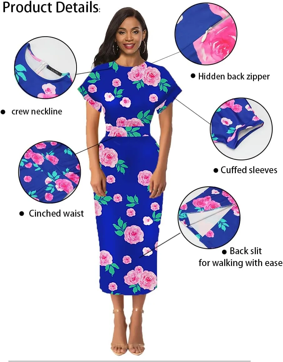 Womens Floral Print Cocktail Off Shoulder Belted Work Midi Pencil Dress
