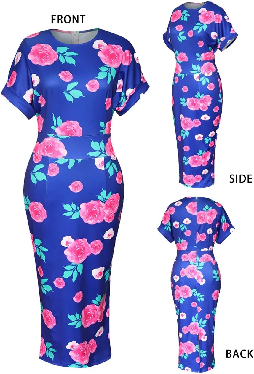 Womens Floral Print Cocktail Off Shoulder Belted Work Midi Pencil Dress