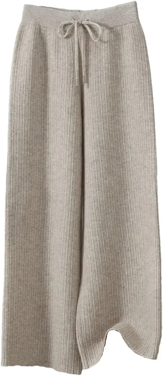 Women's Knitted Thick Wide Leg Pants 100 Percent Wool Trousers Winter Solid Loose Trousers