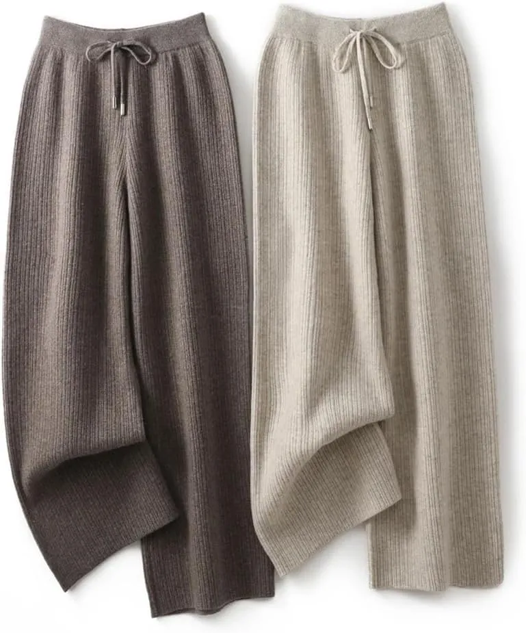 Women's Knitted Thick Wide Leg Pants 100 Percent Wool Trousers Winter Solid Loose Trousers