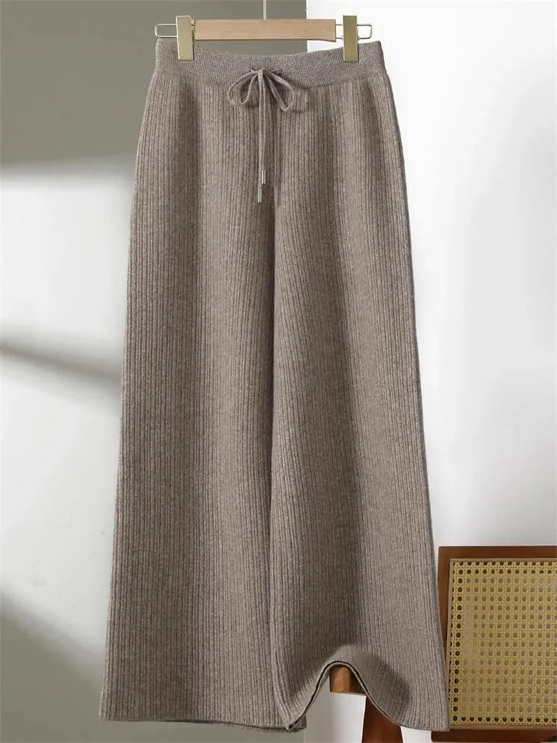 Women's Knitted Thick Wide Leg Pants 100 Percent Wool Trousers Winter Solid Loose Trousers