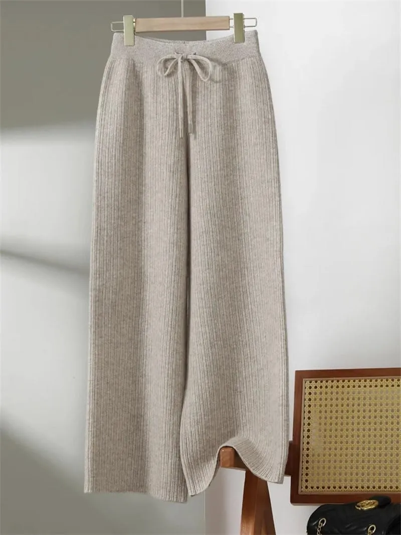 Women's Knitted Thick Wide Leg Pants 100 Percent Wool Trousers Winter Solid Loose Trousers