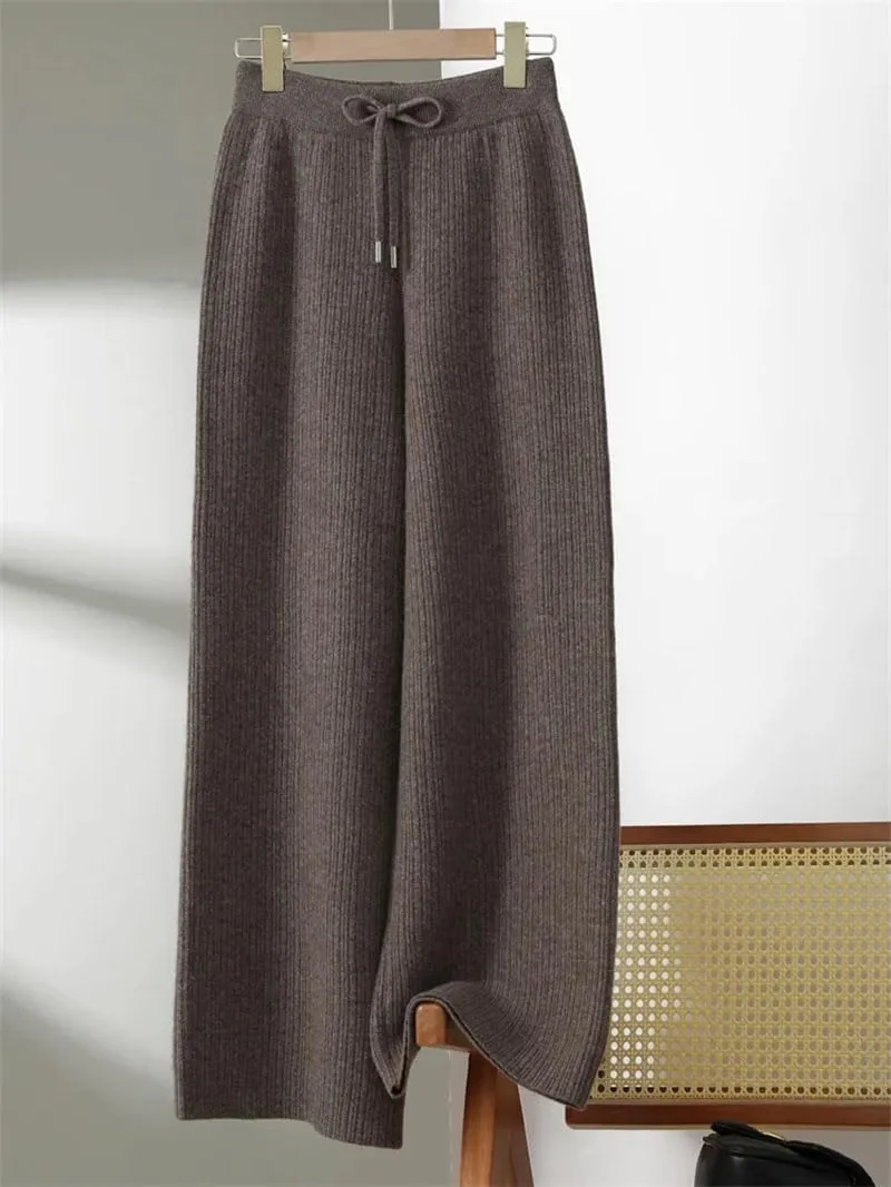 Women's Knitted Thick Wide Leg Pants 100 Percent Wool Trousers Winter Solid Loose Trousers
