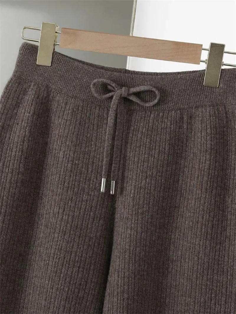 Women's Knitted Thick Wide Leg Pants 100 Percent Wool Trousers Winter Solid Loose Trousers