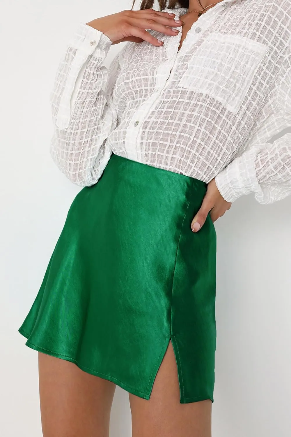 Women's Mini Skirt Satin High Waisted Sexy Slit Front Silk Casual A-Line Elastic Waistband Short Skirts