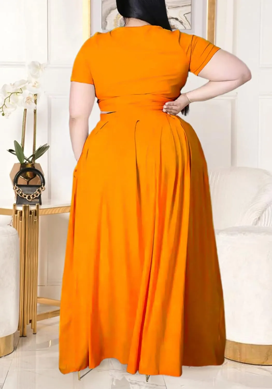 Womens Sexy Plus Size 2 Piece Dress Outfits Short Sleeve Bandage Wrap Empire Crop Tops and Skirt Sets