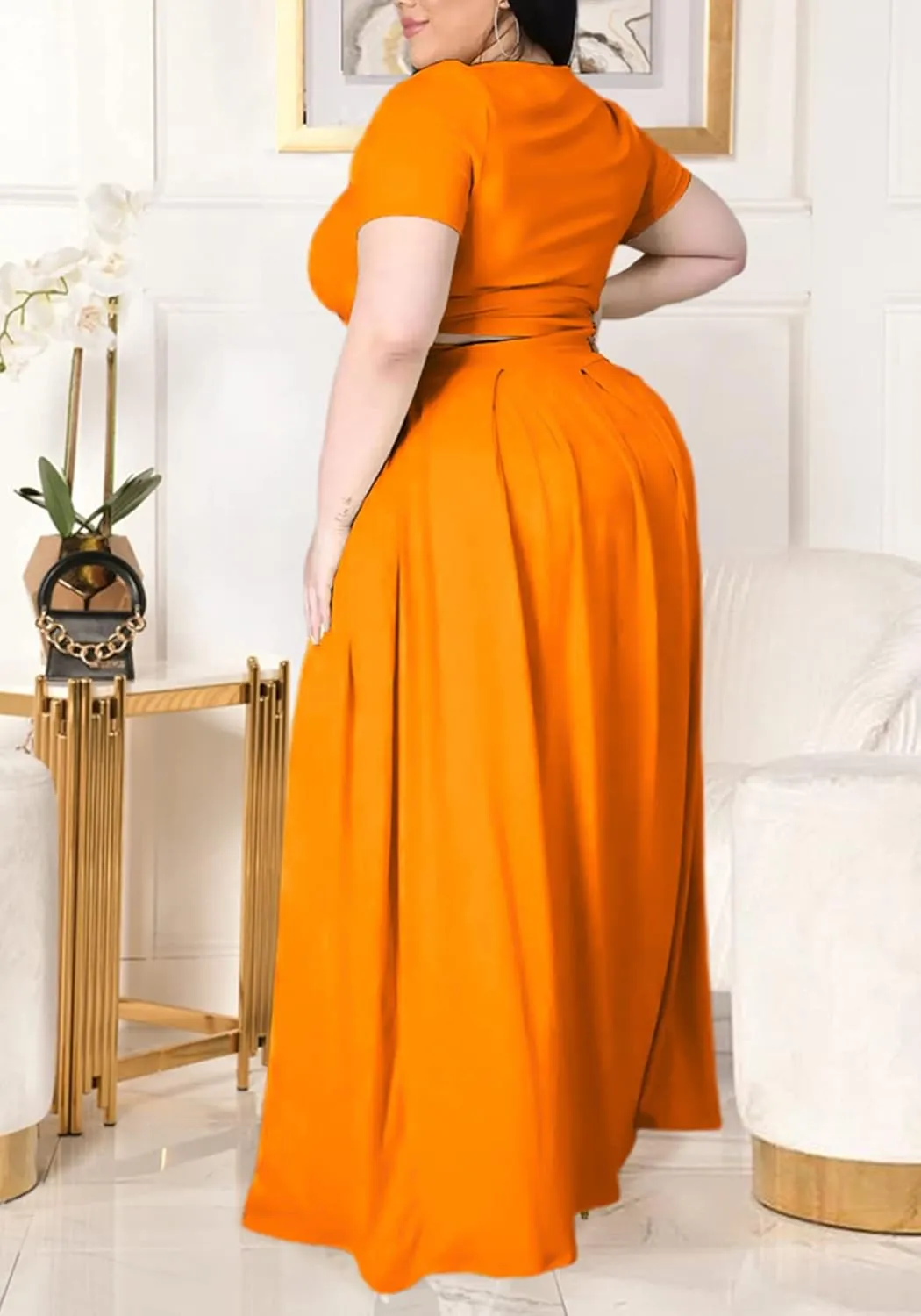 Womens Sexy Plus Size 2 Piece Dress Outfits Short Sleeve Bandage Wrap Empire Crop Tops and Skirt Sets
