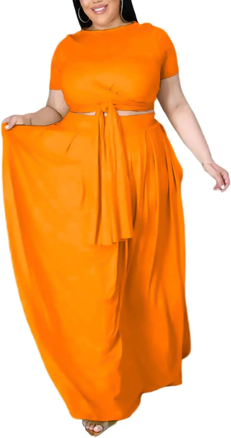 Womens Sexy Plus Size 2 Piece Dress Outfits Short Sleeve Bandage Wrap Empire Crop Tops and Skirt Sets