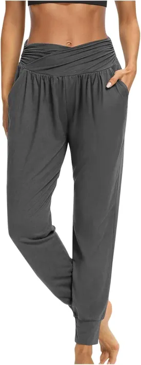 Women's Solid Color Jogger Pants Lightweight Elastic Waisted Pleated Pants with Pocket Running Casual Outdoor Pants
