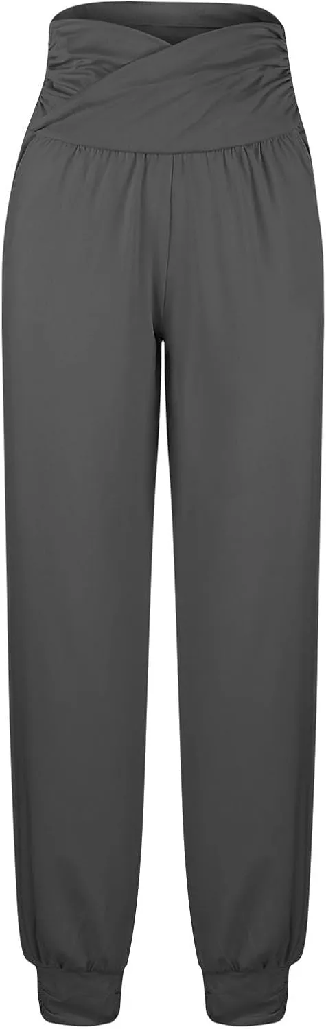 Women's Solid Color Jogger Pants Lightweight Elastic Waisted Pleated Pants with Pocket Running Casual Outdoor Pants
