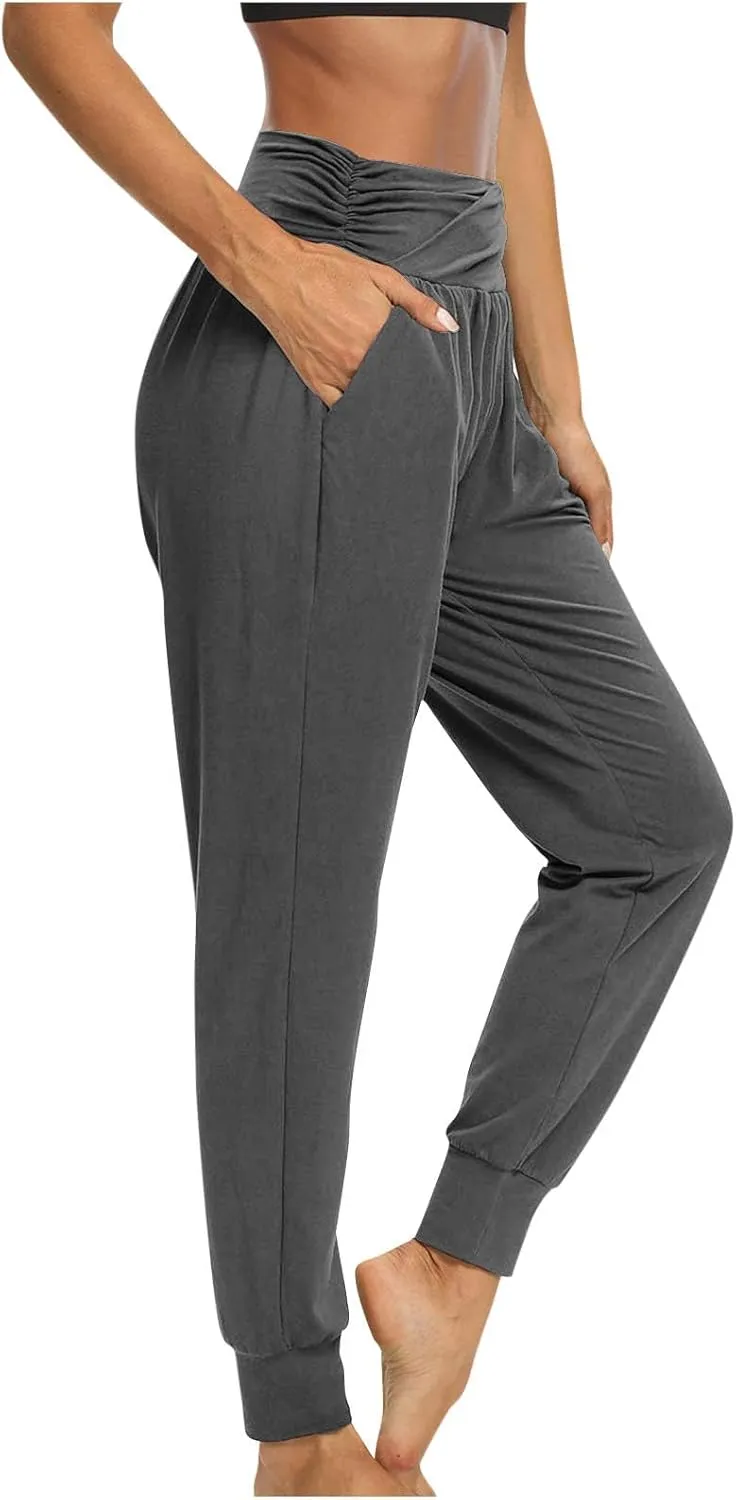 Women's Solid Color Jogger Pants Lightweight Elastic Waisted Pleated Pants with Pocket Running Casual Outdoor Pants
