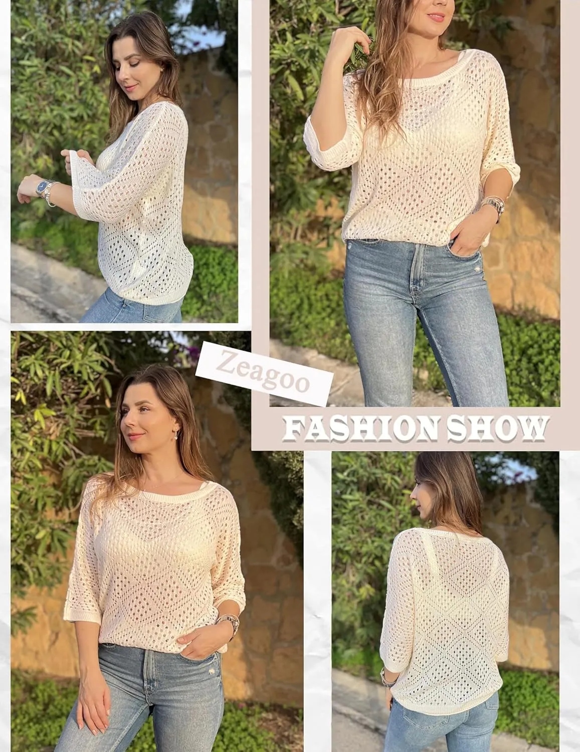 Zeagoo Women's 2025 Spring Summer Crochet Top Hollow Out 3/4 Sleeve Sweater Off Shoulder Beach Knit Coverup
