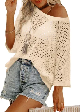 Zeagoo Women's 2025 Spring Summer Crochet Top Hollow Out 3/4 Sleeve Sweater Off Shoulder Beach Knit Coverup