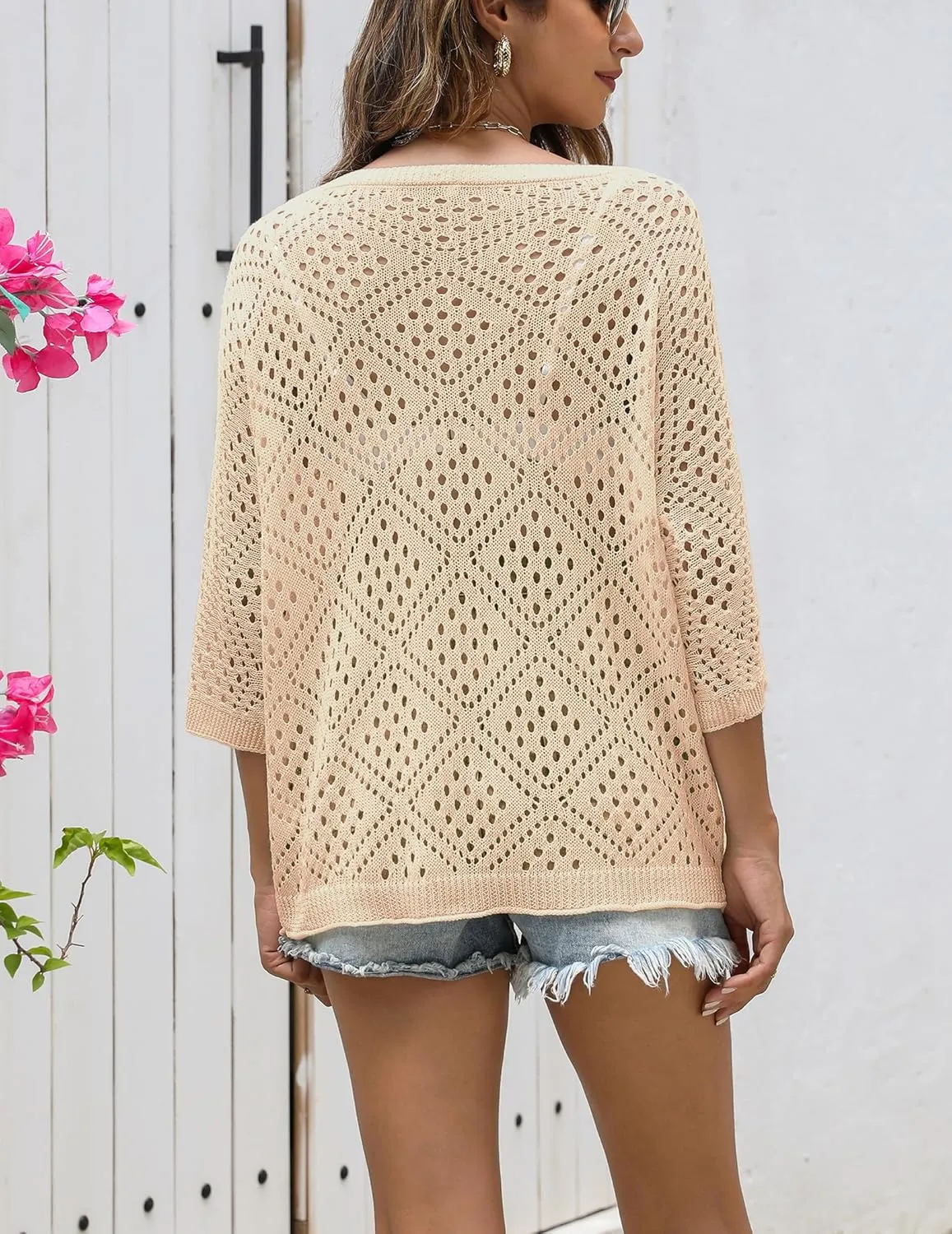 Zeagoo Women's 2025 Spring Summer Crochet Top Hollow Out 3/4 Sleeve Sweater Off Shoulder Beach Knit Coverup