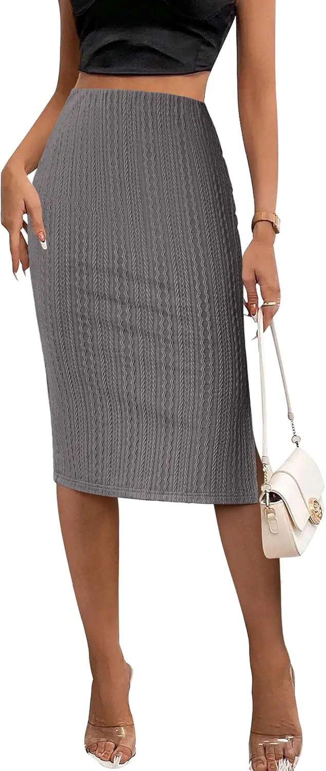 Zeagoo Womens Knit Midi Skirts Casual Pencil Skirt High Waisted Long Skirts with Slit Elegant Work Office Skirts