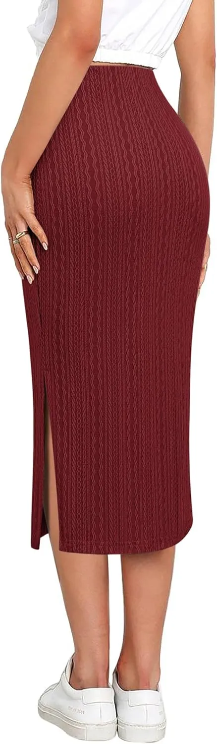Zeagoo Womens Knit Midi Skirts Casual Pencil Skirt High Waisted Long Skirts with Slit Elegant Work Office Skirts