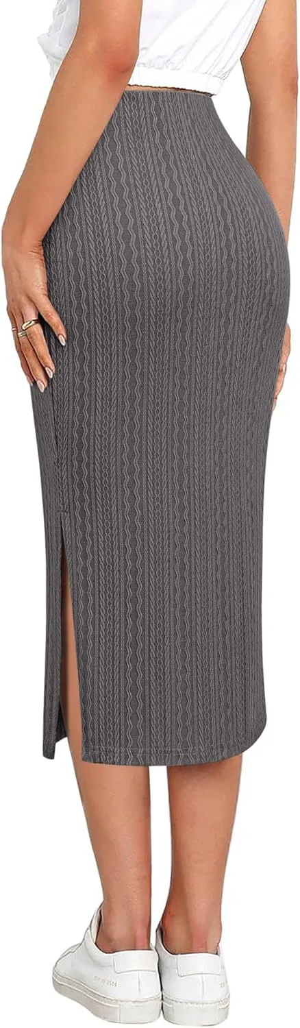Zeagoo Womens Knit Midi Skirts Casual Pencil Skirt High Waisted Long Skirts with Slit Elegant Work Office Skirts