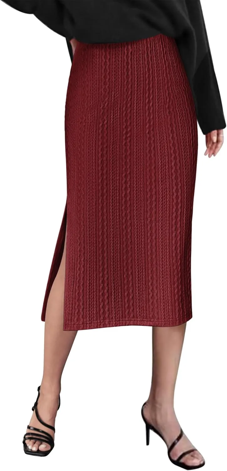 Zeagoo Womens Knit Midi Skirts Casual Pencil Skirt High Waisted Long Skirts with Slit Elegant Work Office Skirts