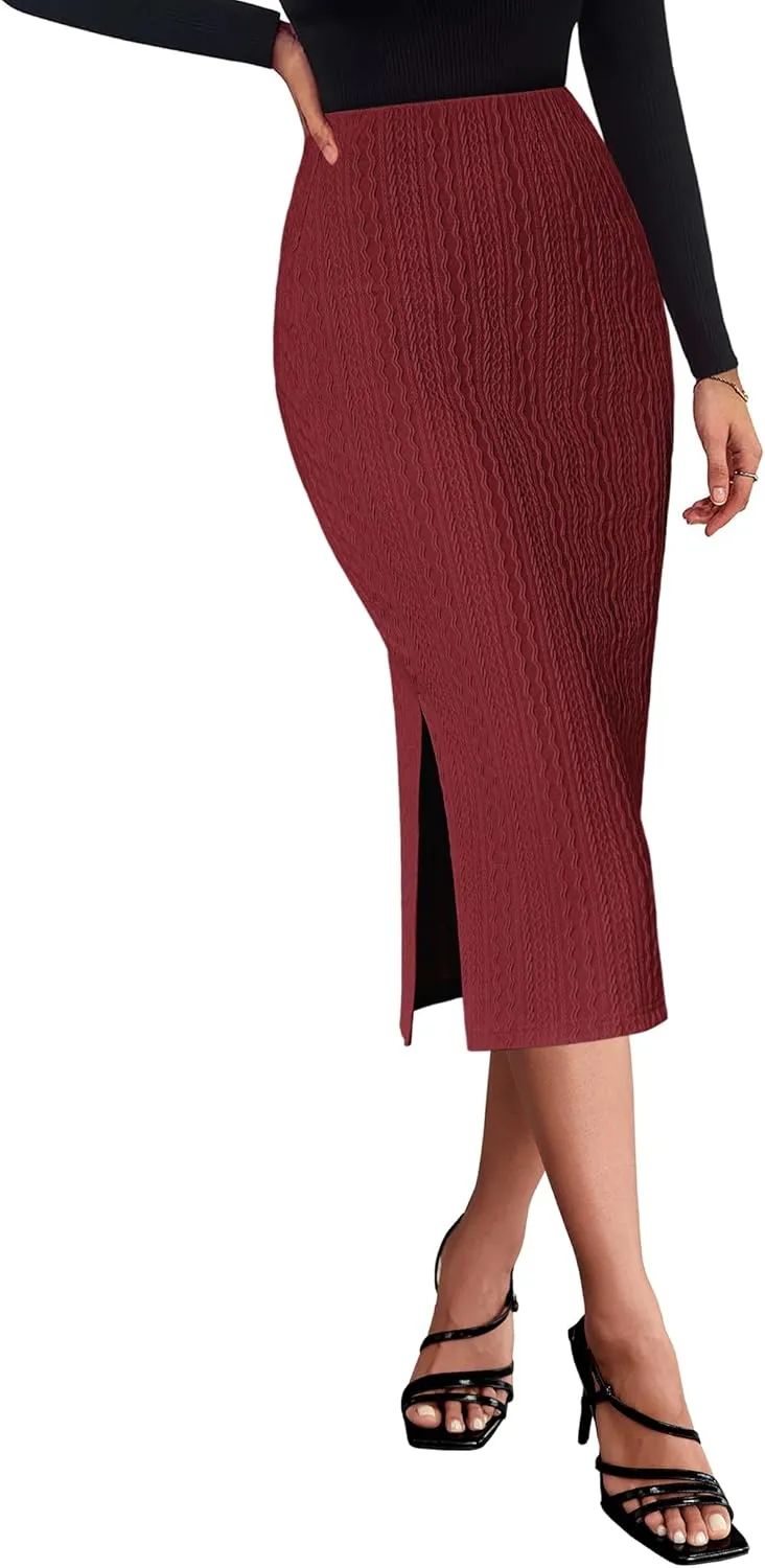 Zeagoo Womens Knit Midi Skirts Casual Pencil Skirt High Waisted Long Skirts with Slit Elegant Work Office Skirts